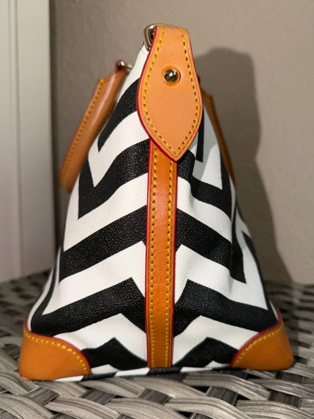 Dooney & Bourke Black & White Chevron Top Handle Satchel - Tan Leather Trim
